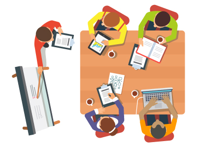 illustration of an arial view of a team meeting