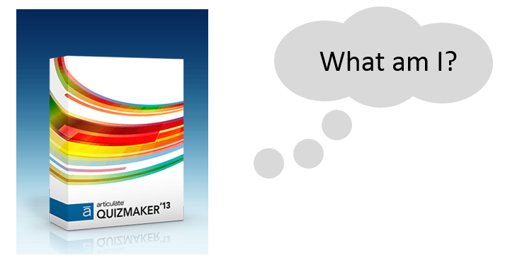Articulate Quizmaker software box with thought bubble that reads "What am I?"