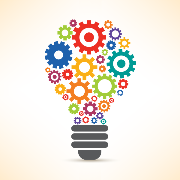 Illustration of a lightbulb filled with multicolored cogs