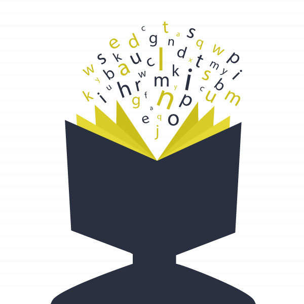 book open with words popping from the pages