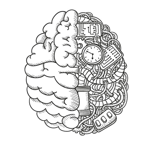drawing of a brain with one half made up of mechanical components