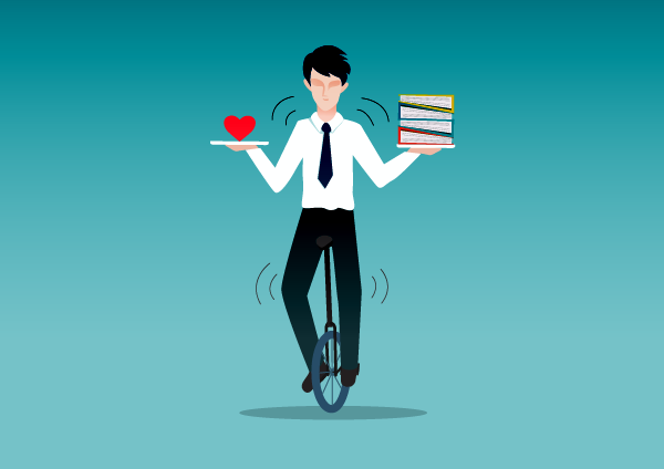 man balancing a book and heart while riding a unicycle