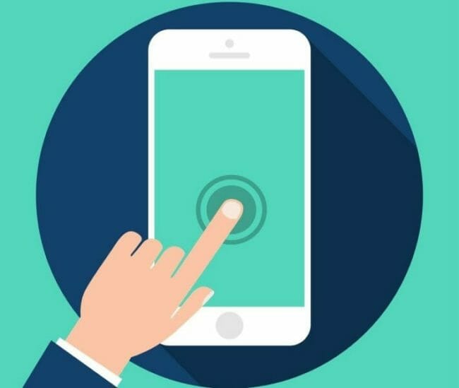 Illustrated hand touching a smartphone