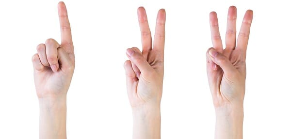 three hands forming a count of one, two, three