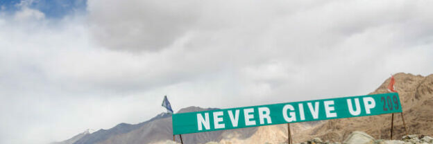 Green sign in desert that reads: Never Give Up