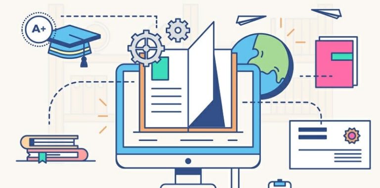 Desktop computer with images of books, graduation cap and letters floating