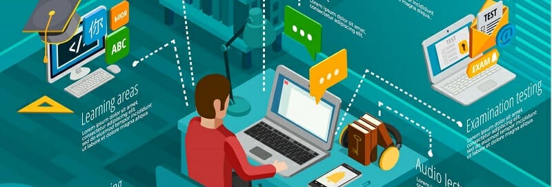 Illustrated man sitting at desk in front of laptop