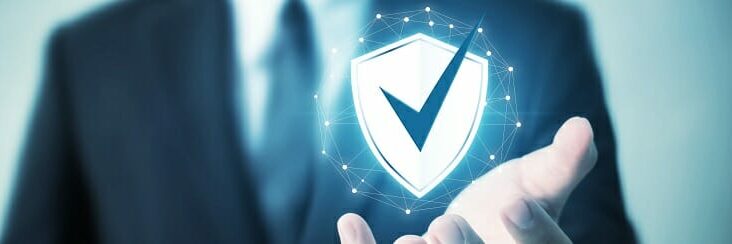 Protection network security computer and safe your data concept, Businessman holding shield protect icon