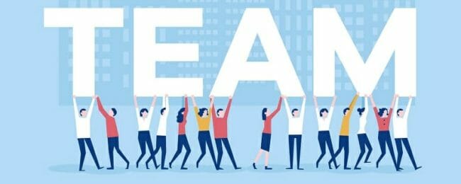 team-work illustration of people holding up the word TEAM