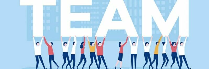 illustration of people holding up the word TEAM