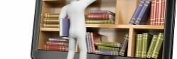3D white people. New technologies. Digital Library concept. Lapt